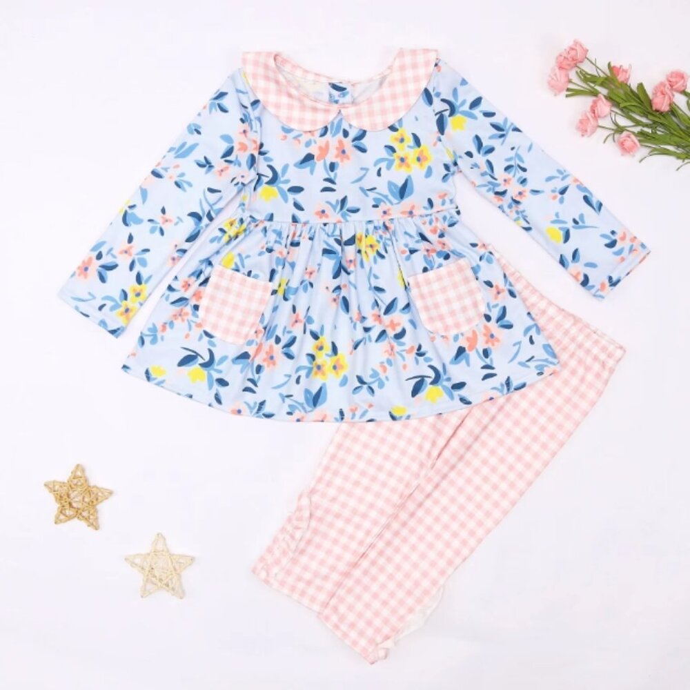 Boutique Floral Pocket Tunic & Leggings Girls Outfit Set